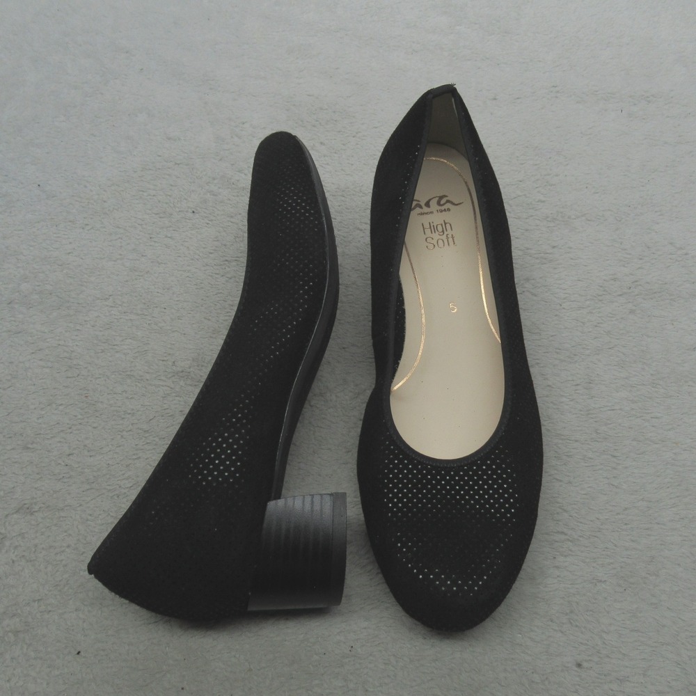 Ara Womens 5 Vicenza Pumps Shoes Black Suede Perforated High Soft Block Heel